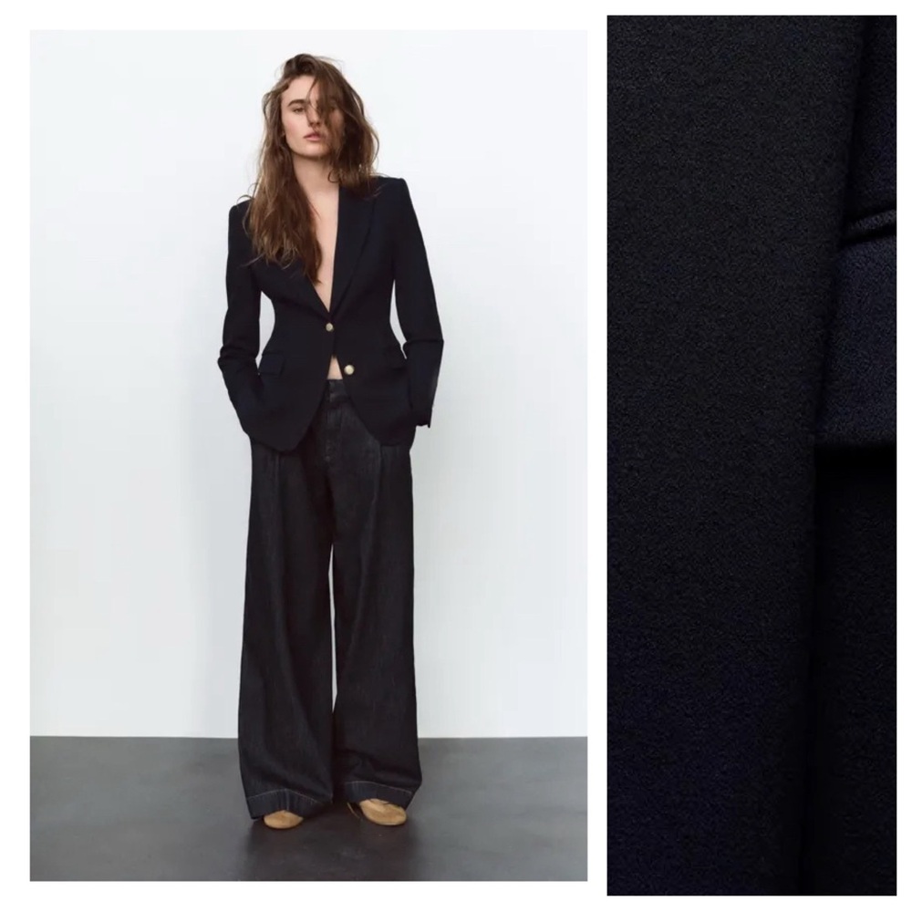NWT. Zara Black Viscose Blend Slim-Fit Blazer with Shoulder Pads. Size S.